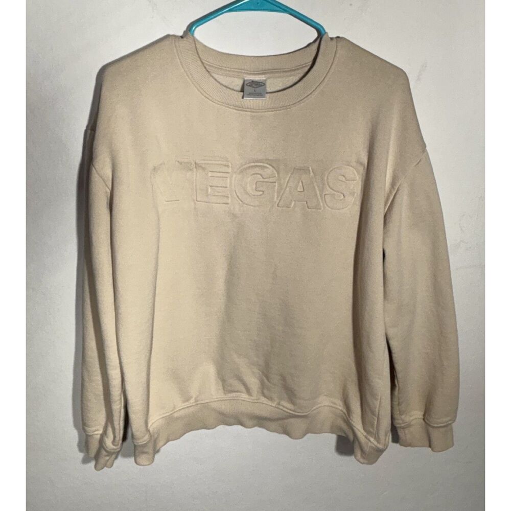 Las Vegas Sweatshirt Size L Beige Tonal VEGAS Embroidered Crewneck Souvenir